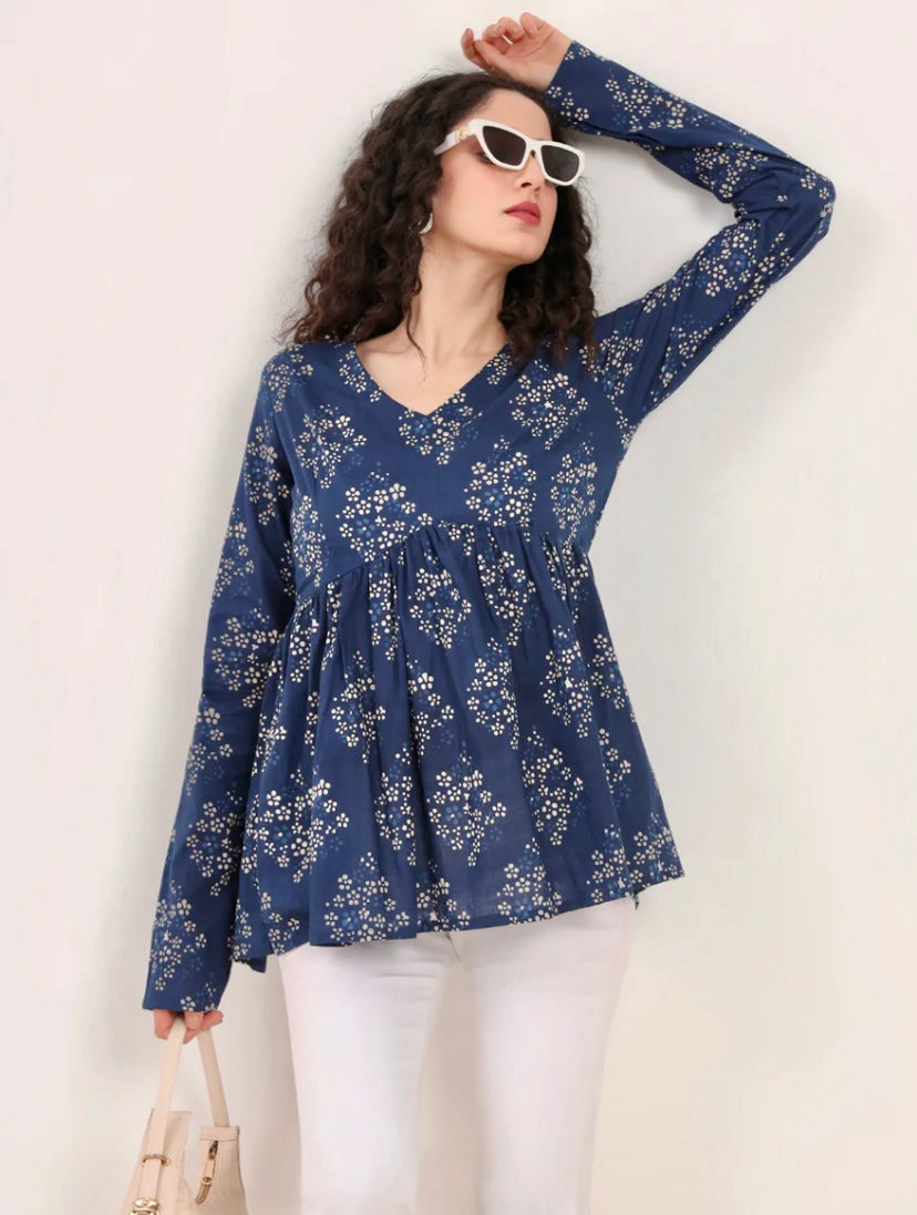 Blue Floral Printed V Neck Cotton Top