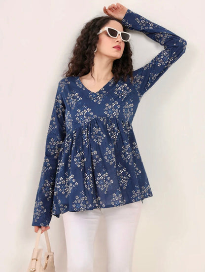 Blue Floral Printed V Neck Cotton Top