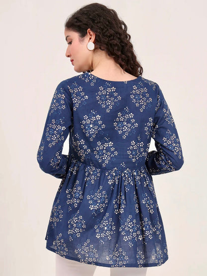 Blue Floral Printed V Neck Cotton Top