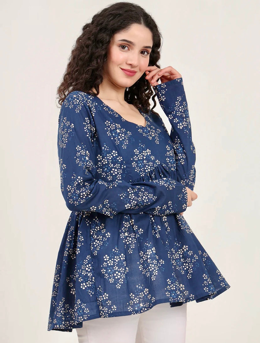 Blue Floral Printed V Neck Cotton Top