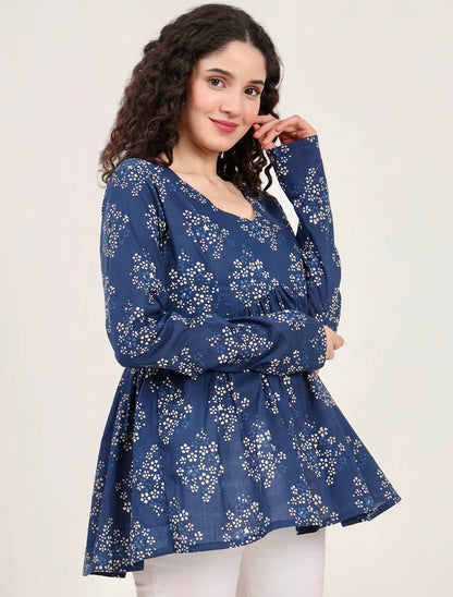 Blue Floral Printed V Neck Cotton Top