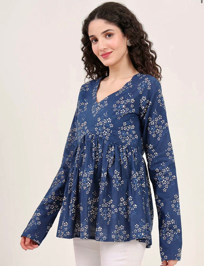 Blue Floral Printed V Neck Cotton Top