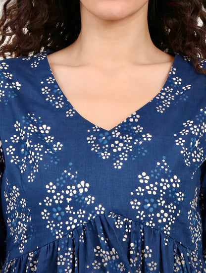 Blue Floral Printed V Neck Cotton Top
