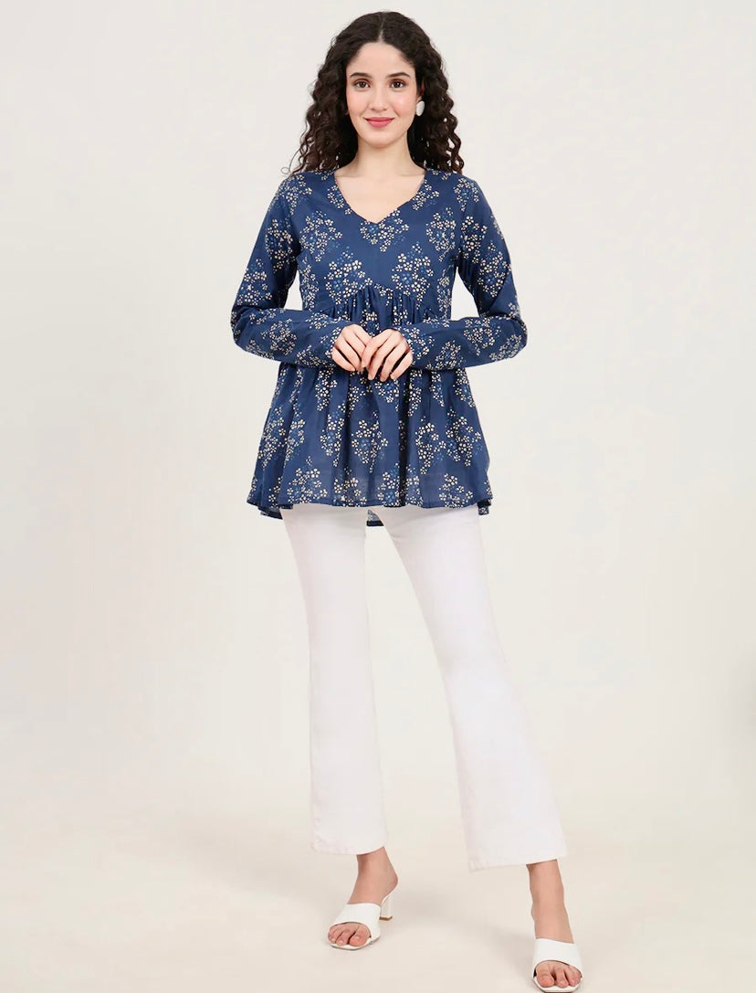 Blue Floral Printed V Neck Cotton Top