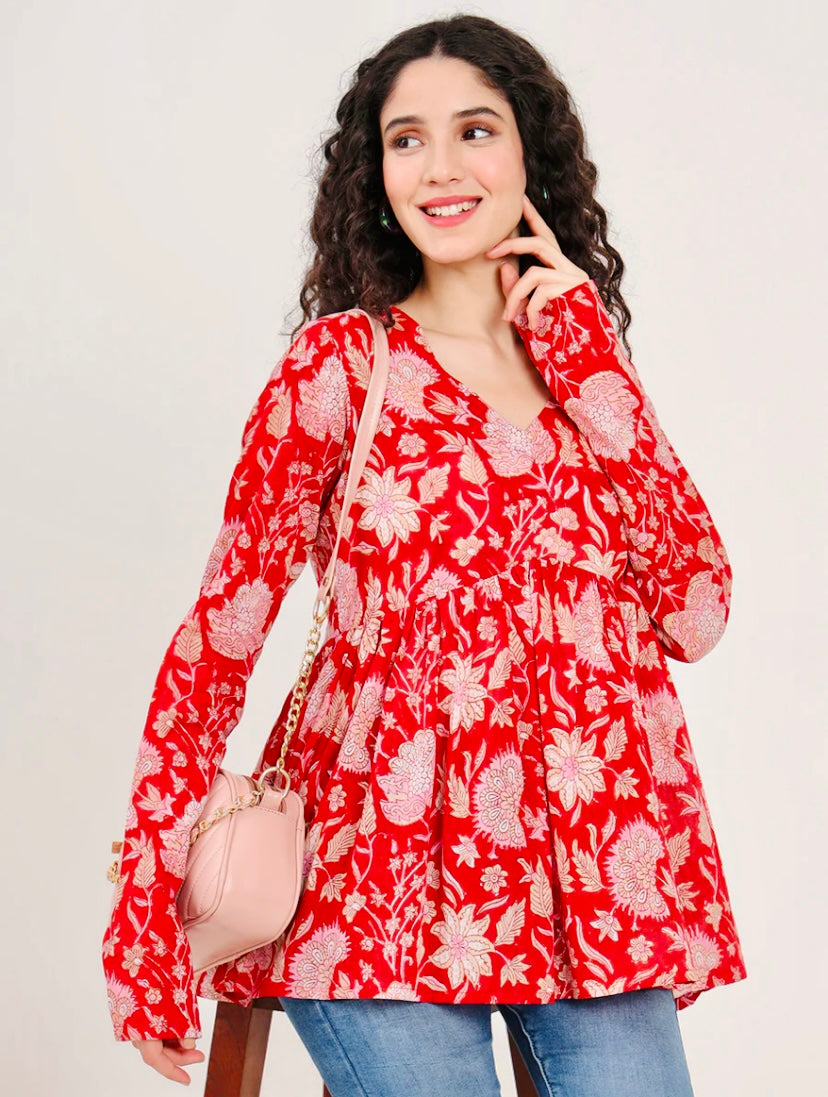 Red Floral Printed V Neck Cotton Top
