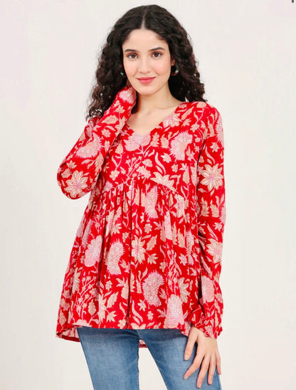 Red Floral Printed V Neck Cotton Top