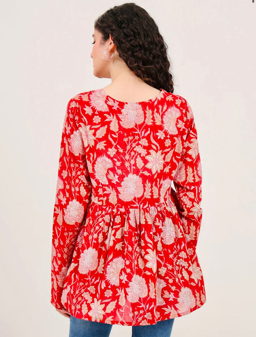 Red Floral Printed V Neck Cotton Top