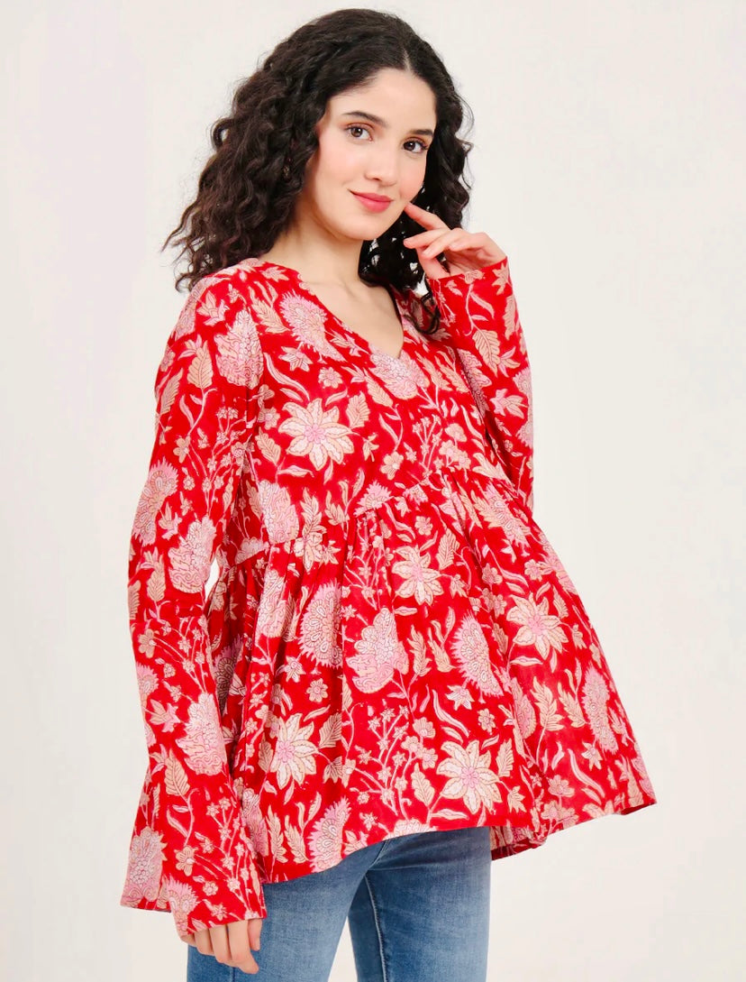 Red Floral Printed V Neck Cotton Top