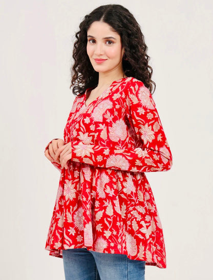 Red Floral Printed V Neck Cotton Top