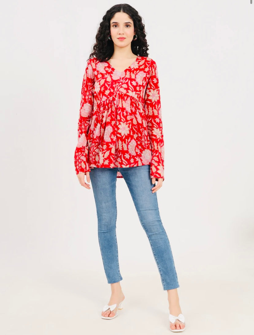 Red Floral Printed V Neck Cotton Top