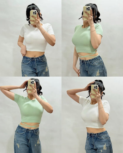 Women’s  Ribbed Full Sleeve Crop Top with Tie Detailing – Casual Stylish Wear”