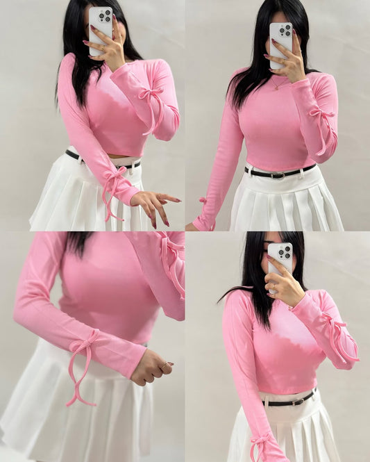 Women’s Pink Ribbed Full Sleeve Crop Top with Tie Detailing – Casual Stylish Wear”