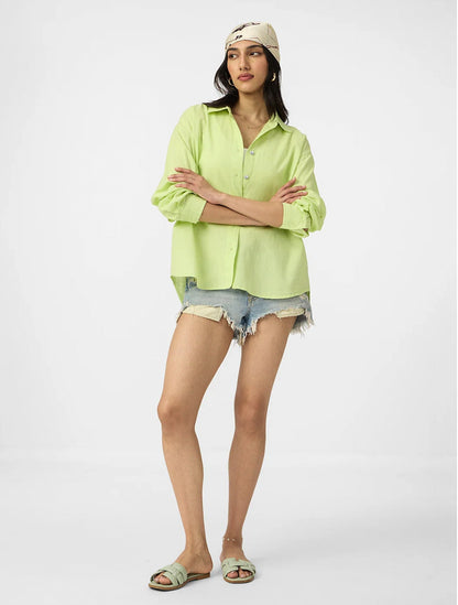 Cotton Linen: Lime Women Boyfriend Shirts.