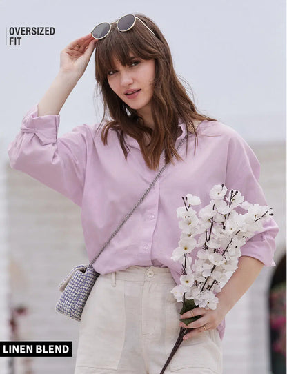 Cotton Linen: Lavender Women Boyfriend Shirts.