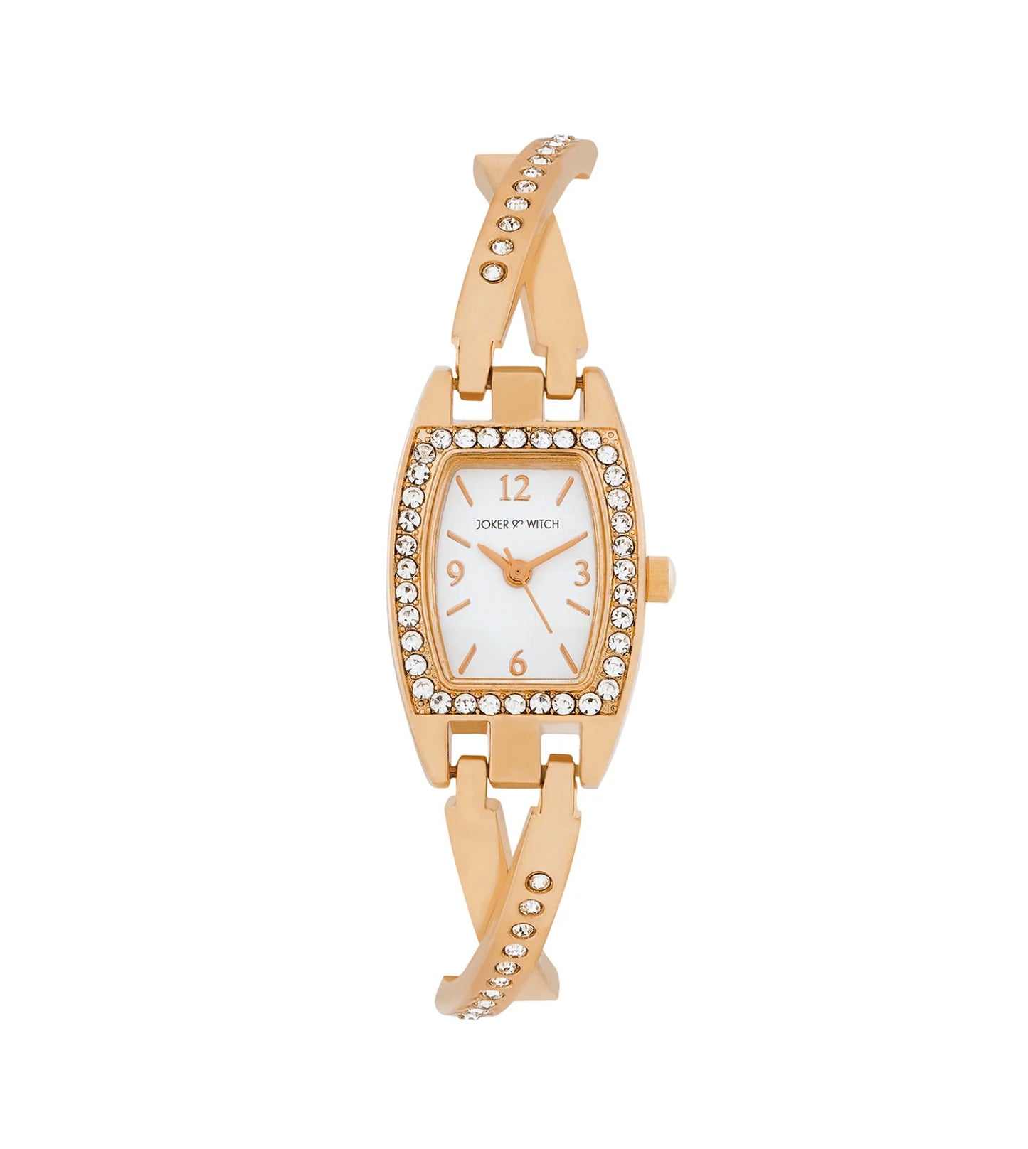 VICTORIA ELEGANCE ROSE GOLD WATCH WITH WHITE DIAL AND RHINESTONE-ACCENTED METALLIC BRACELET STRAP