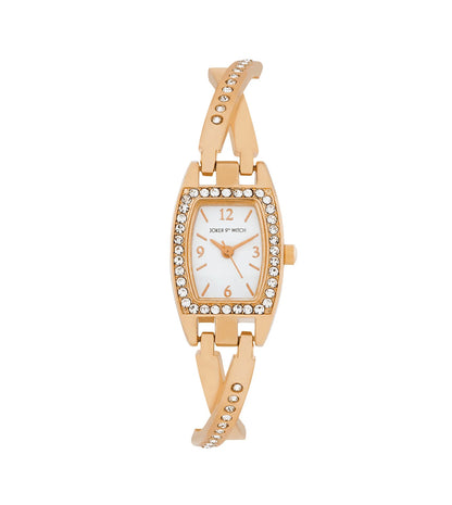 VICTORIA ELEGANCE ROSE GOLD WATCH WITH WHITE DIAL AND RHINESTONE-ACCENTED METALLIC BRACELET STRAP