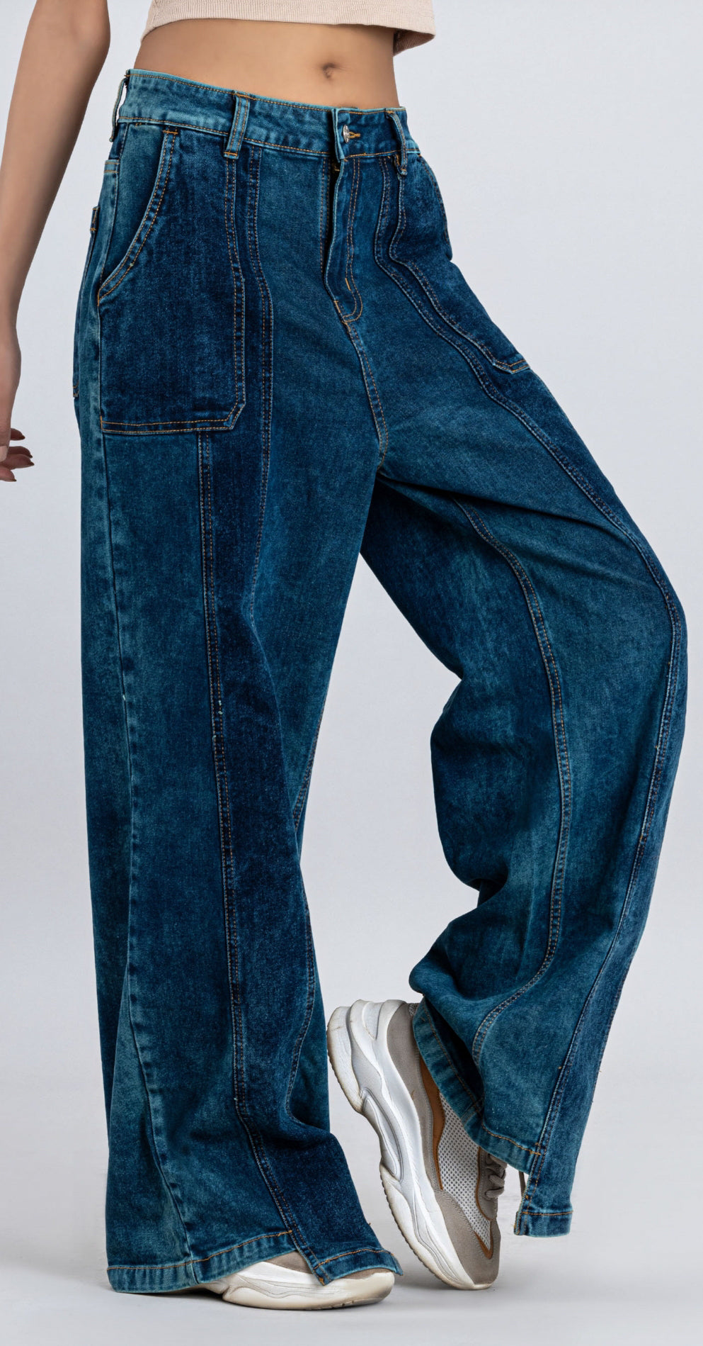 Blue Wide Leg Cross Panel
Thigh Open Women's Jeans