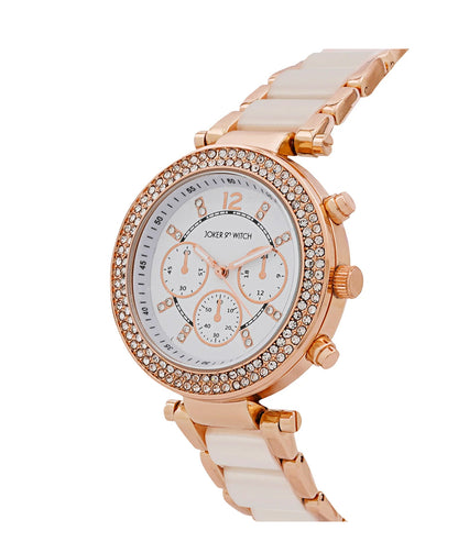 SUZANNE ROSEGOLD AND WHITE CERAMIC METALLIC STRAP WATCH