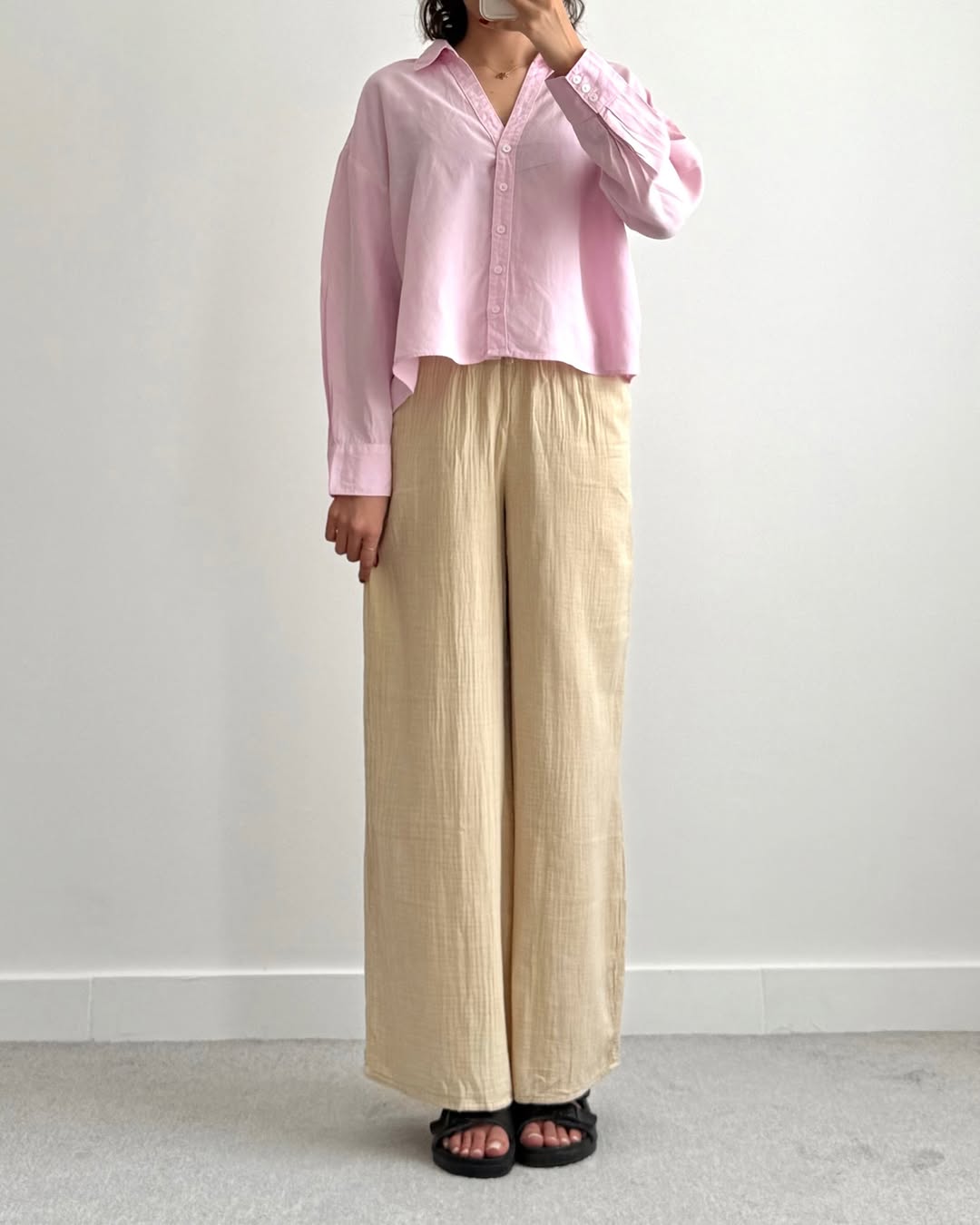 Women’s Solid Satin Long Sleeve Button-Down Shirt – White &pink