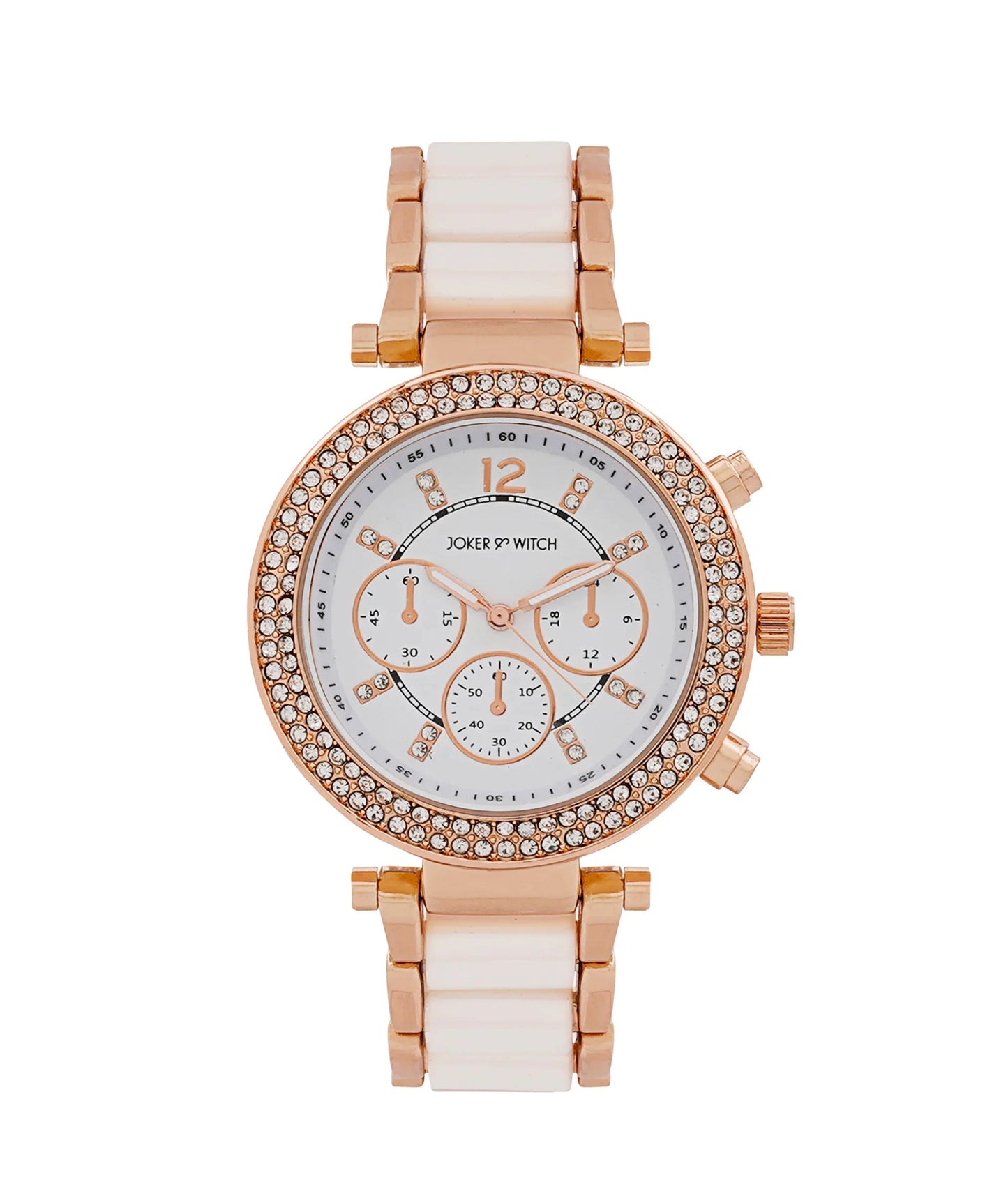 SUZANNE ROSEGOLD AND WHITE CERAMIC METALLIC STRAP WATCH