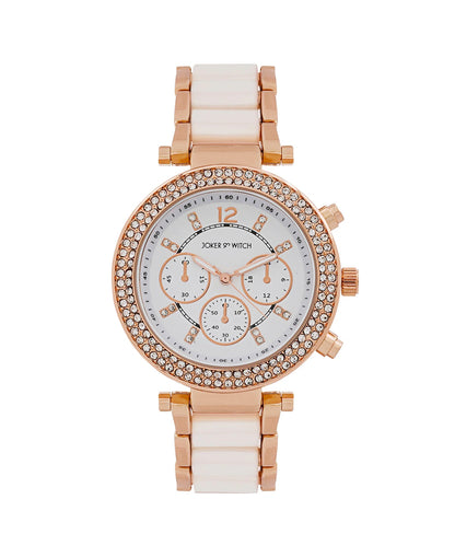 SUZANNE ROSEGOLD AND WHITE CERAMIC METALLIC STRAP WATCH