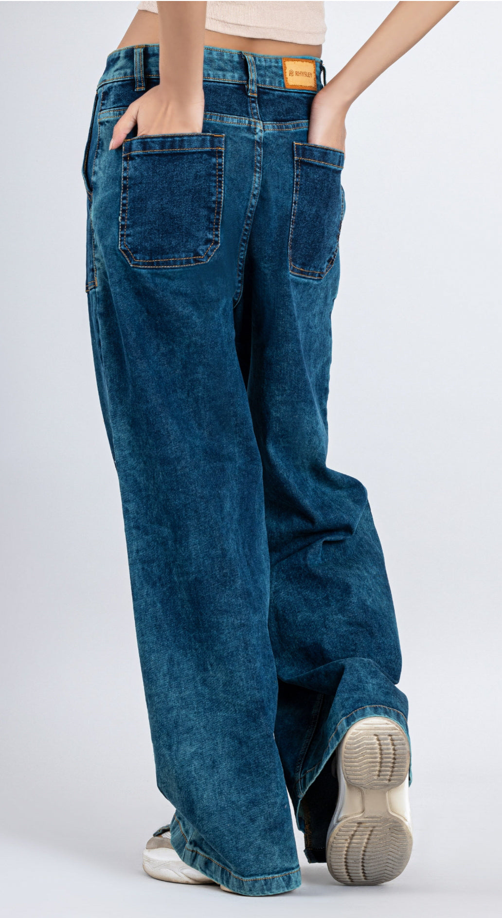 Blue Wide Leg Cross Panel
Thigh Open Women's Jeans