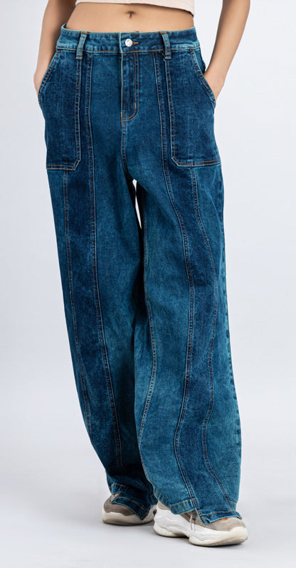 Blue Wide Leg Cross Panel
Thigh Open Women's Jeans
