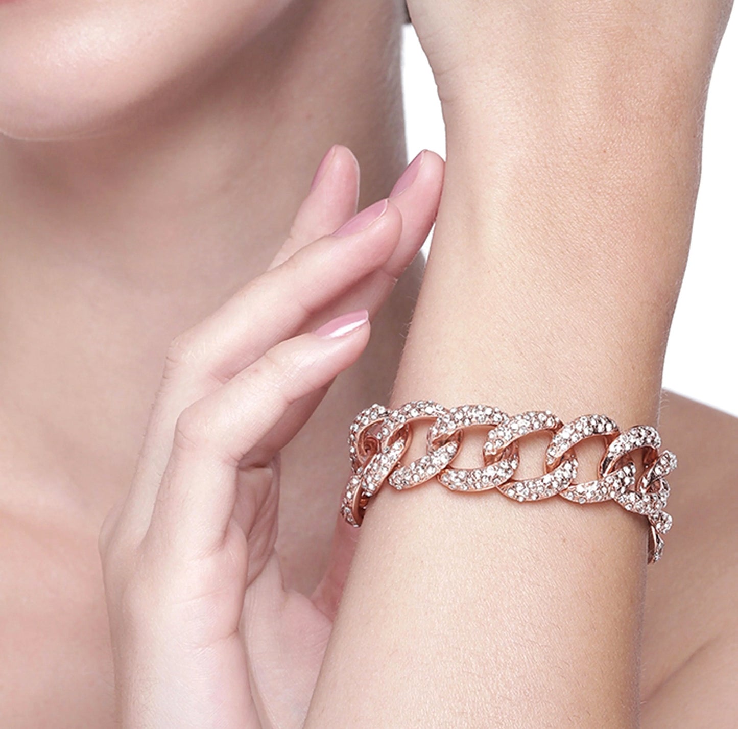 Rose Gold Plated Exquisite CubanEstele Rose Gold Plated Exquisite Cuban Bracelet with Stunning White Crystals for Women Bracelet for Women