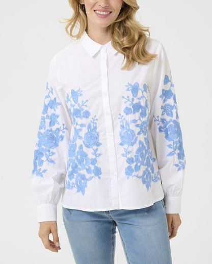 “Women’s White Button-Down Shirt with Blue Floral Embroidery – Casual Long Sleeve Top”