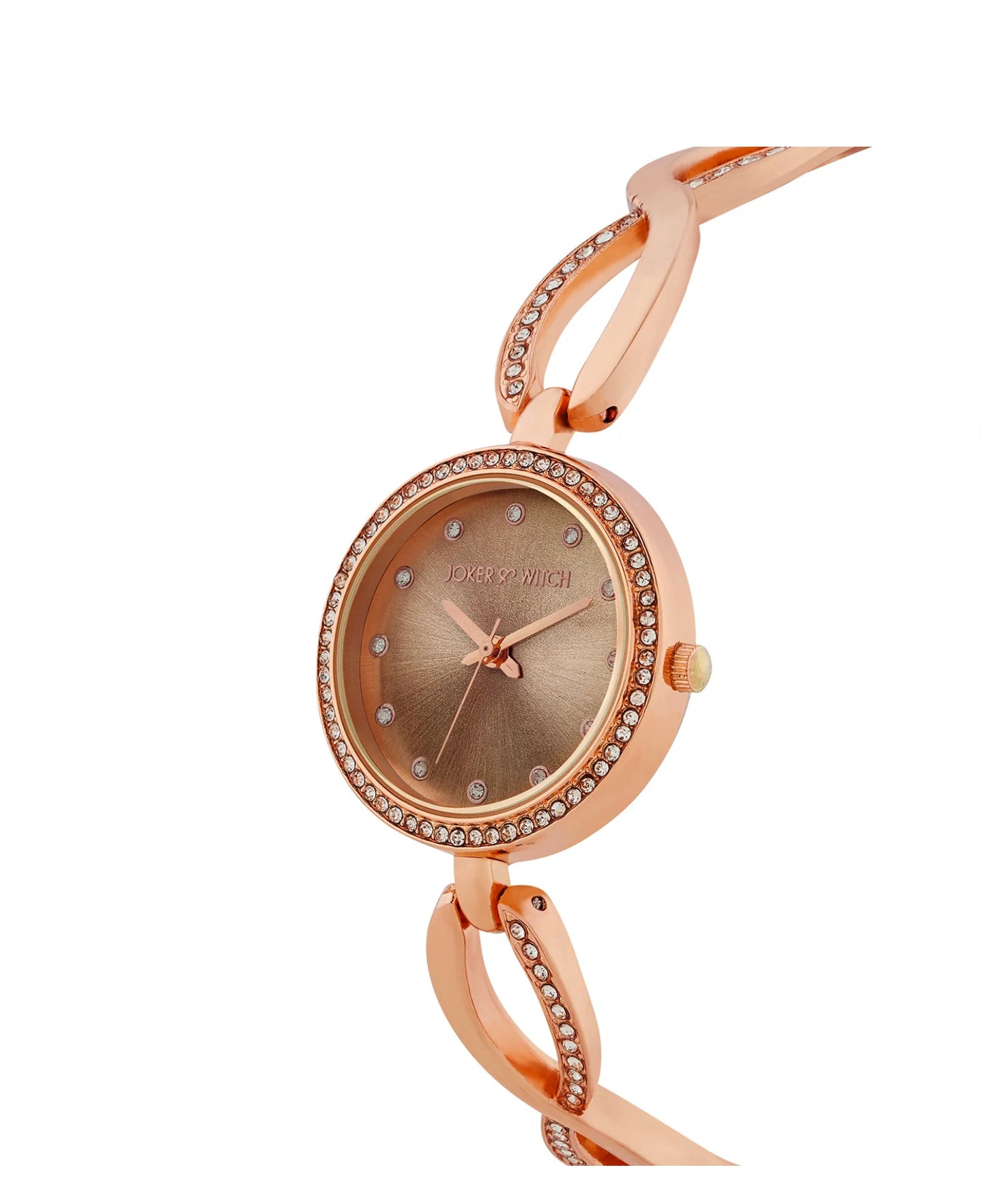 NOELLA TAUPE TWISTED METALLIC STRAP WATCH WITH RHINESTONE DETAILS.