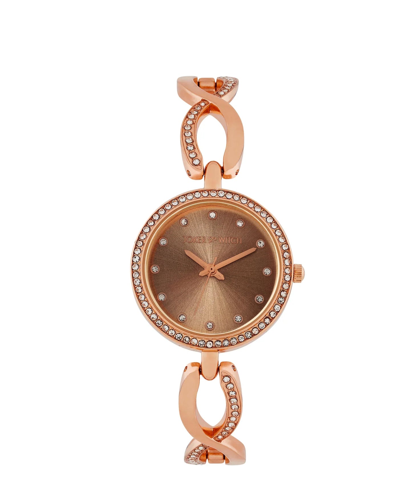 NOELLA TAUPE TWISTED METALLIC STRAP WATCH WITH RHINESTONE DETAILS.