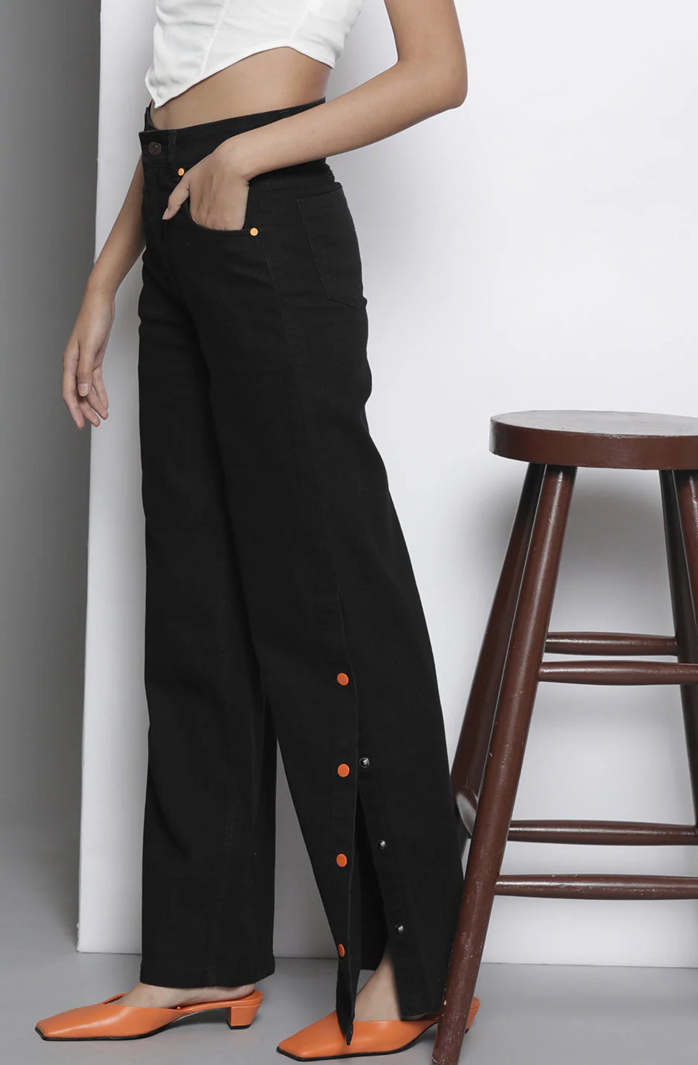 Women Black Side Button Placket Stretch Straight Jeans