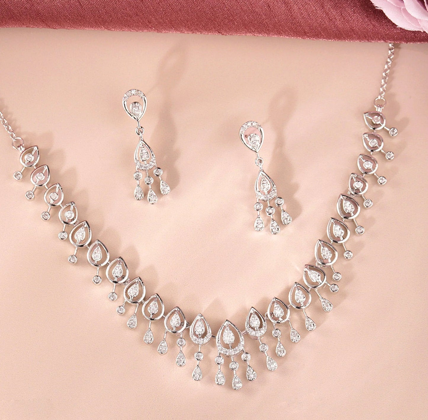 Estele Crystal Blooms Rhodium Plated Lightweight White American Diamond Necklace Set for Women-Dazzling Shine for Every Occasion