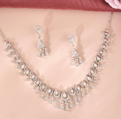 Estele Crystal Blooms Rhodium Plated Lightweight White American Diamond Necklace Set for Women-Dazzling Shine for Every Occasion