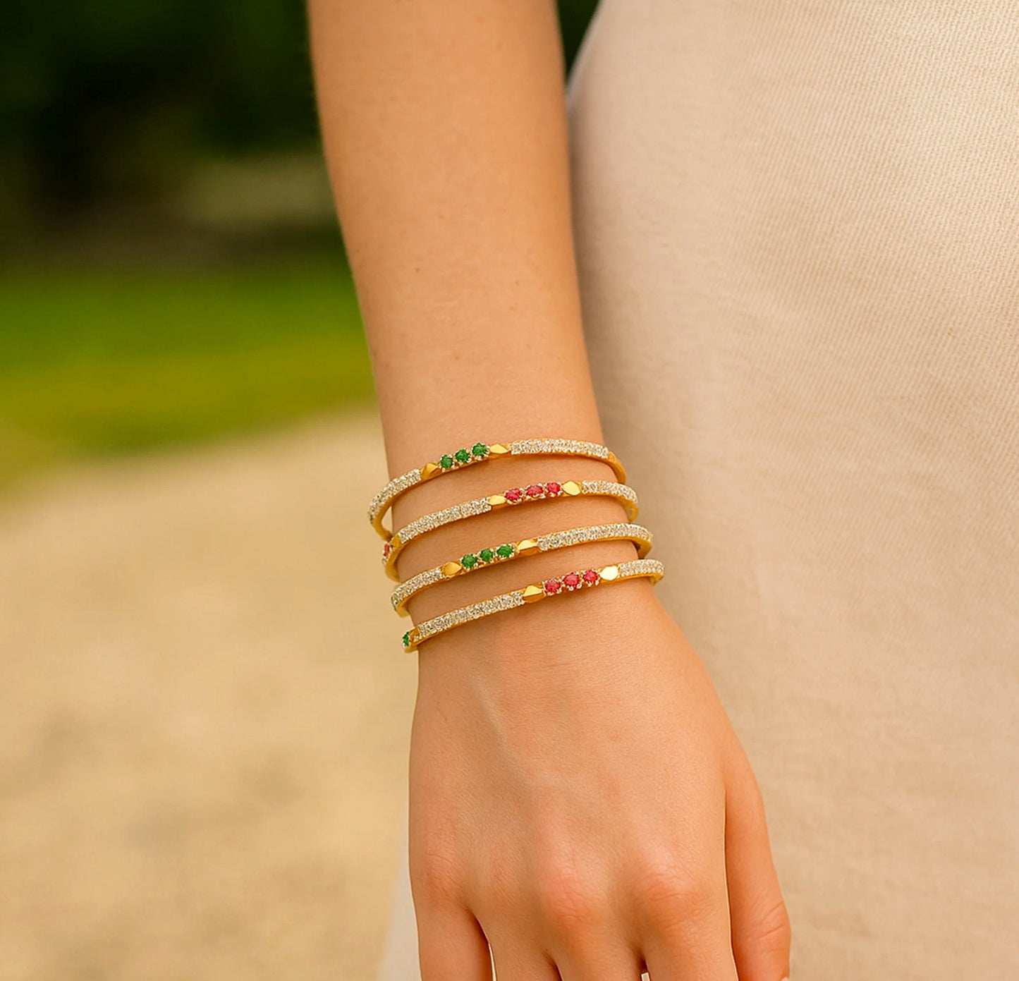 Estele Gold Polish CZ Bangles for Women Size 2.6 Set of 4 with Ruby & Green Stones Ideal for Traditional Wear & Gifting OSBR-VK11090-26 BANGLE