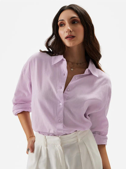 Cotton Linen: Lavender Women Boyfriend Shirts.
