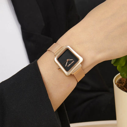 REGALIA ROSE GOLD WATCH WITH A BLACK DIAL AND A MESH STRAP