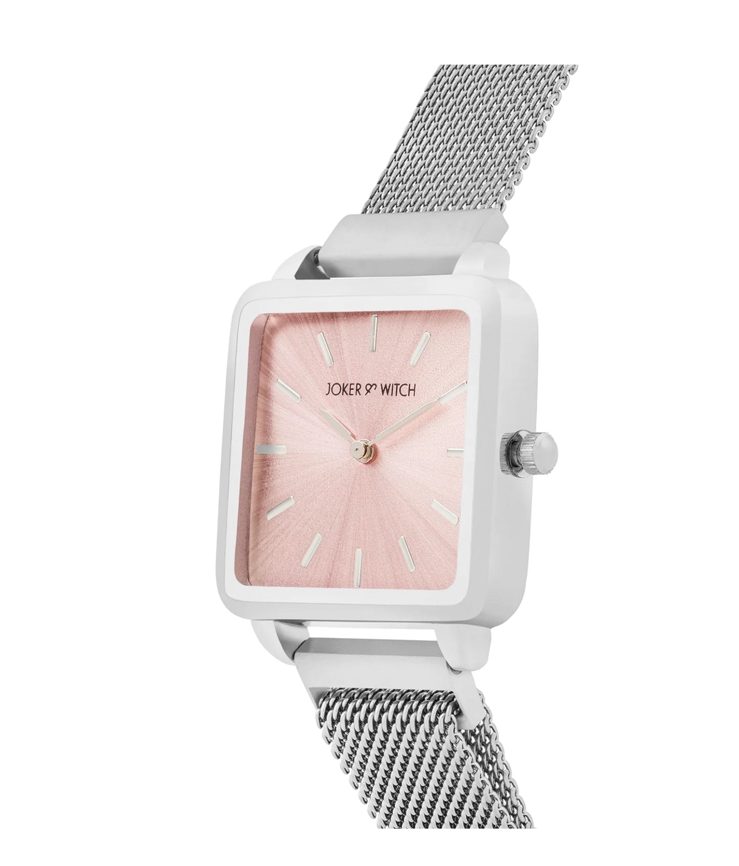VINTAGE LIGHT PINK SQUARE DIAL SILVER METALLIC STRAP WATCH.