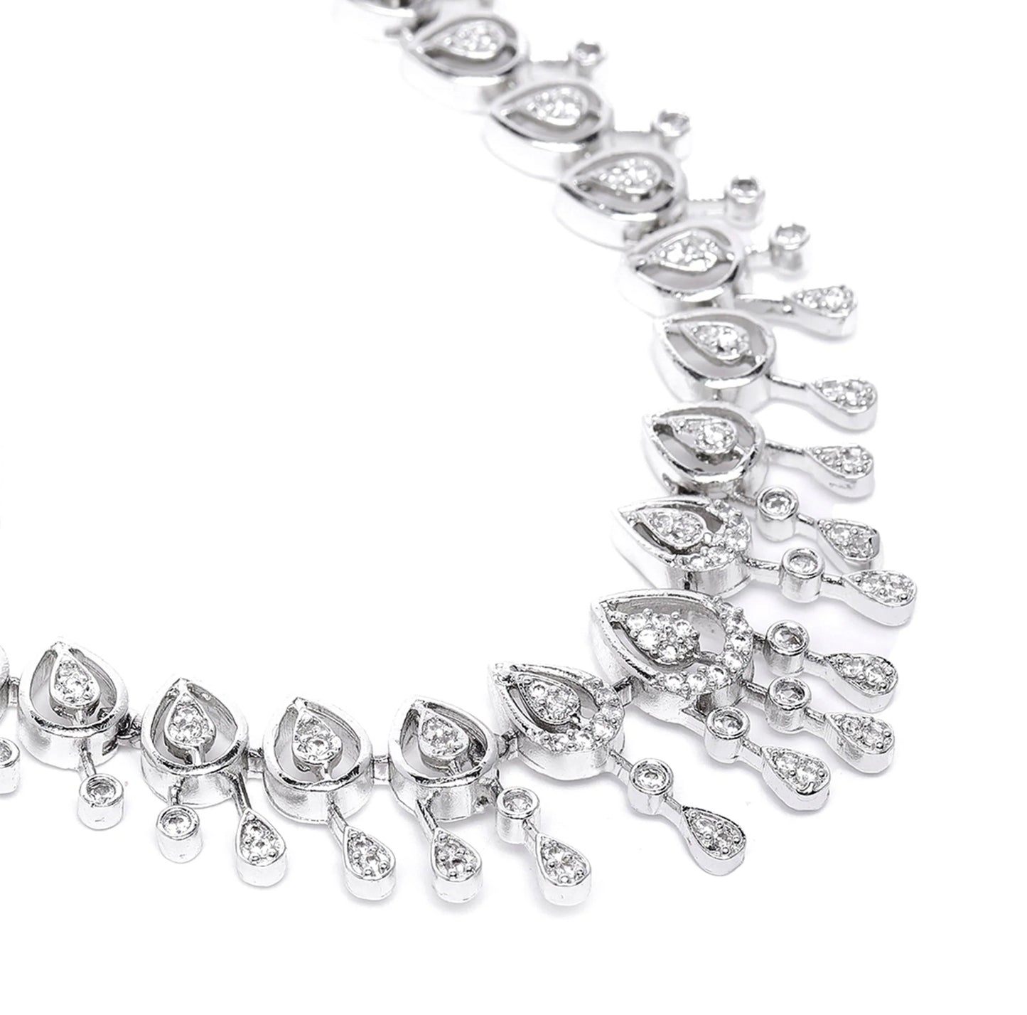 Estele Crystal Blooms Rhodium Plated Lightweight White American Diamond Necklace Set for Women-Dazzling Shine for Every Occasion