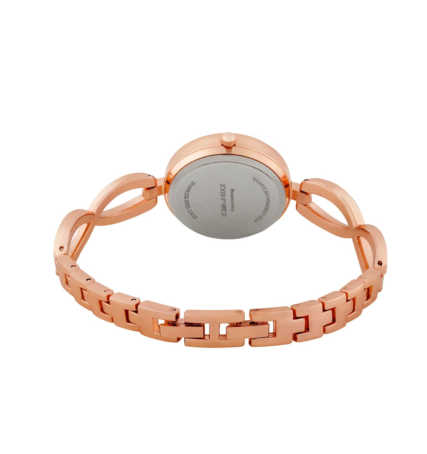 NOELLA TAUPE TWISTED METALLIC STRAP WATCH WITH RHINESTONE DETAILS.