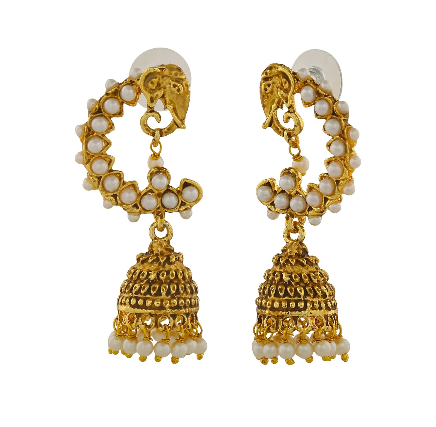Gold Plated Elephant Designer Traditional Jhumka Earrings with White Pearls for Girls & Women