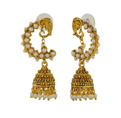 Gold Plated Elephant Designer Traditional Jhumka Earrings with White Pearls for Girls & Women