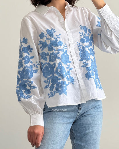“Women’s White Button-Down Shirt with Blue Floral Embroidery – Casual Long Sleeve Top”