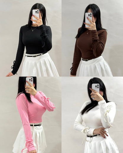 Women’s  Ribbed Full Sleeve Crop Top with Tie Detailing – Casual Stylish Wear