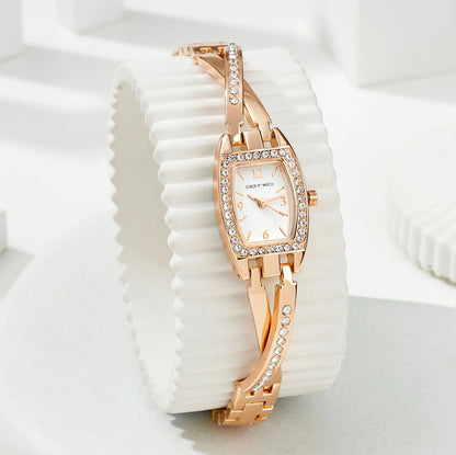 VICTORIA ELEGANCE ROSE GOLD WATCH WITH WHITE DIAL AND RHINESTONE-ACCENTED METALLIC BRACELET STRAP