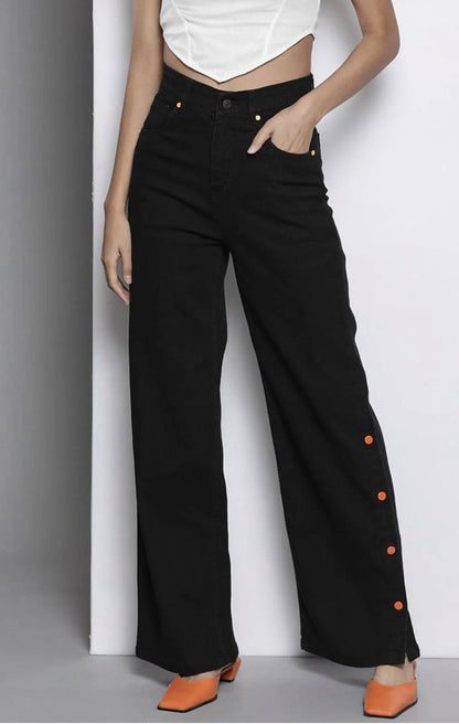 Women Black Side Button Placket Stretch Straight Jeans