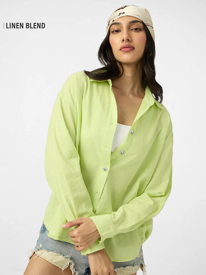 Cotton Linen: Lime Women Boyfriend Shirts.