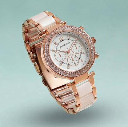 SUZANNE ROSEGOLD AND WHITE CERAMIC METALLIC STRAP WATCH