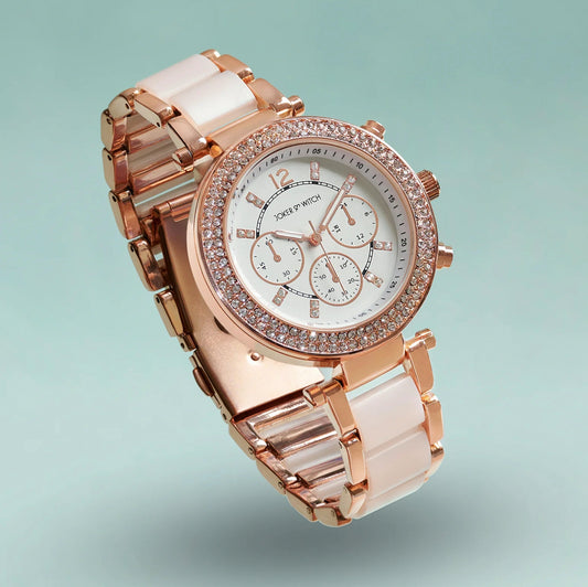 SUZANNE ROSEGOLD AND WHITE CERAMIC METALLIC STRAP WATCH