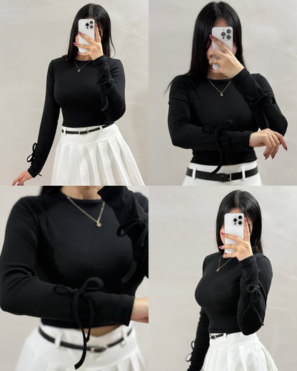Women’s  Ribbed Full Sleeve Crop Top with Tie Detailing – Casual Stylish Wear